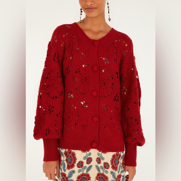 FARM Rio Sweaters - Farm Rio Red Crochet Flower Knit Cardigan XL